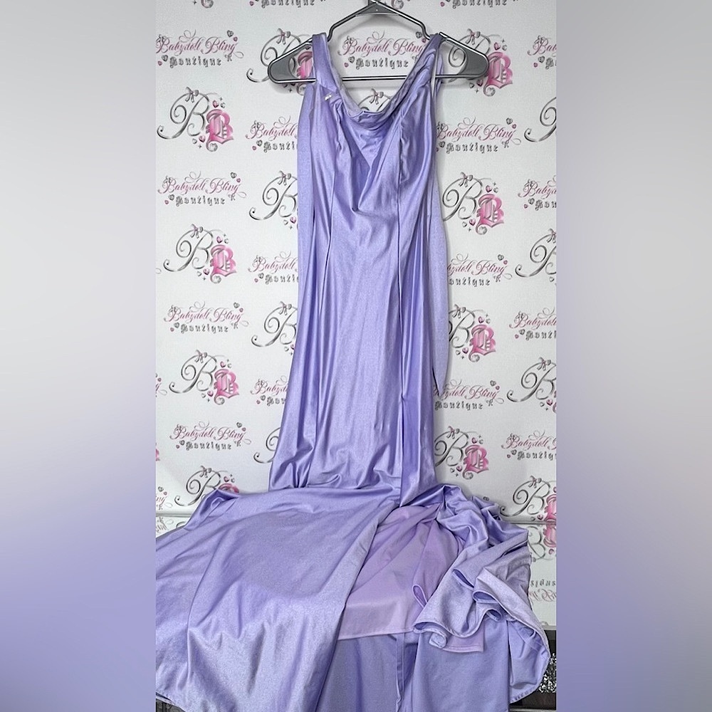 Fiesta fashion gown dress ballroom prom collared flowy elegant Lavender shiny